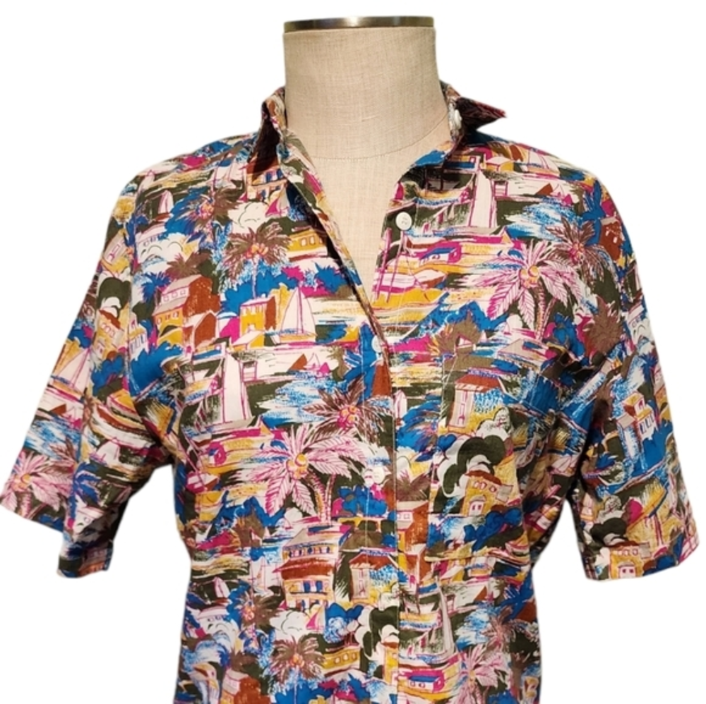 Vintage‎ A. Smile Women's Medium Tropical Print Short Sleeve Button Front Shirt